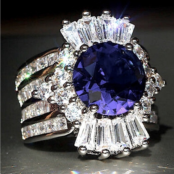 Blue Sapphire Sterling Silver Baguette Crown Statement Ring - Picture 4 of 14